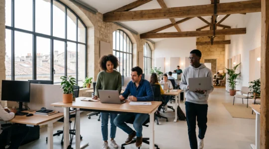 Groupe de collaborateurs travaillant dans un bureau open-space réaménagé avec poutres apparentes et grandes fenêtres à Bordeaux.