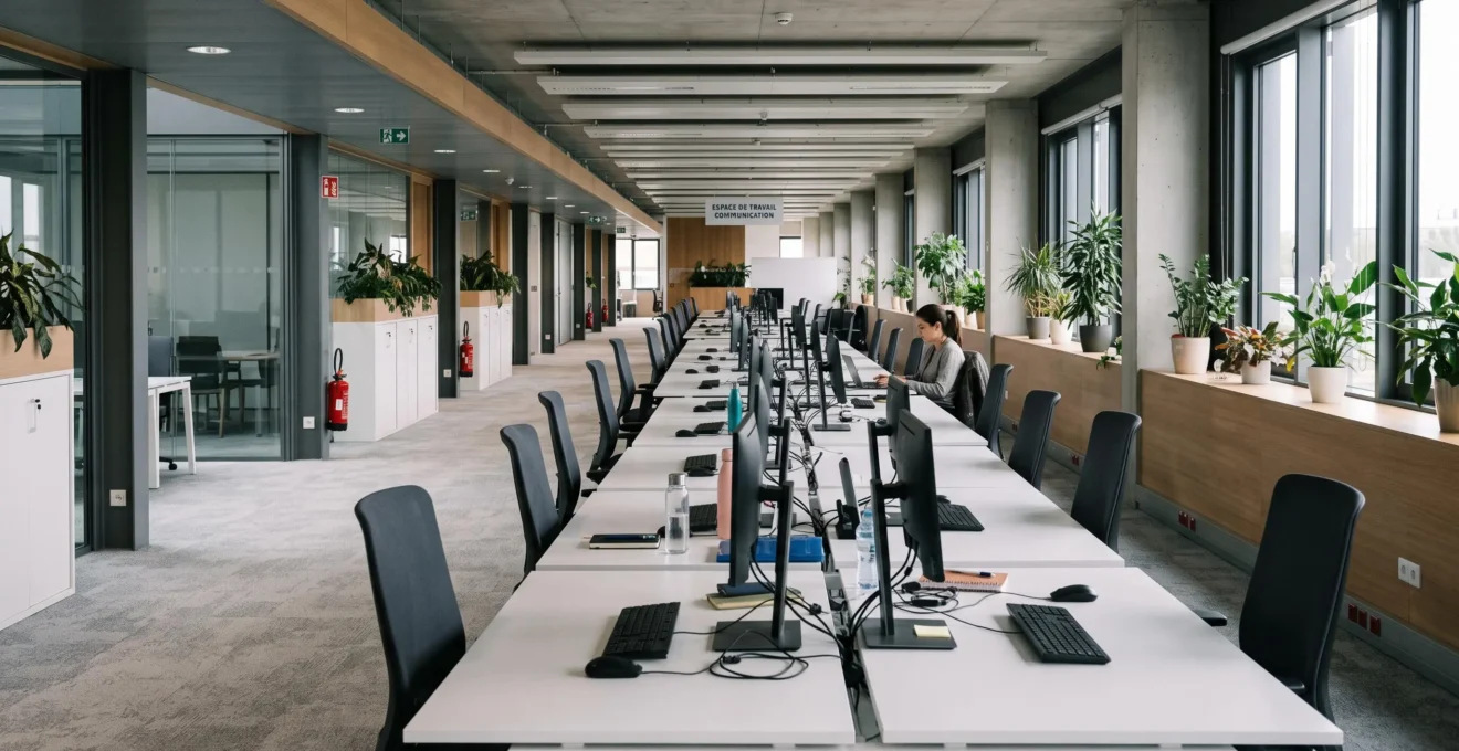 Bureaux largement vides un lundi matin dans une entreprise française, avec un seul collaborateur travaillant au fond.