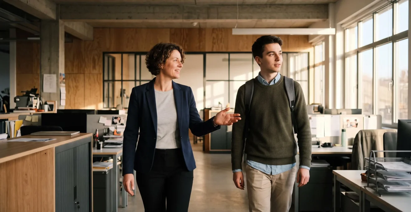 Une recruteuse fait visiter les bureaux de l'entreprise à une candidate lors d'un entretien d'embauche.
