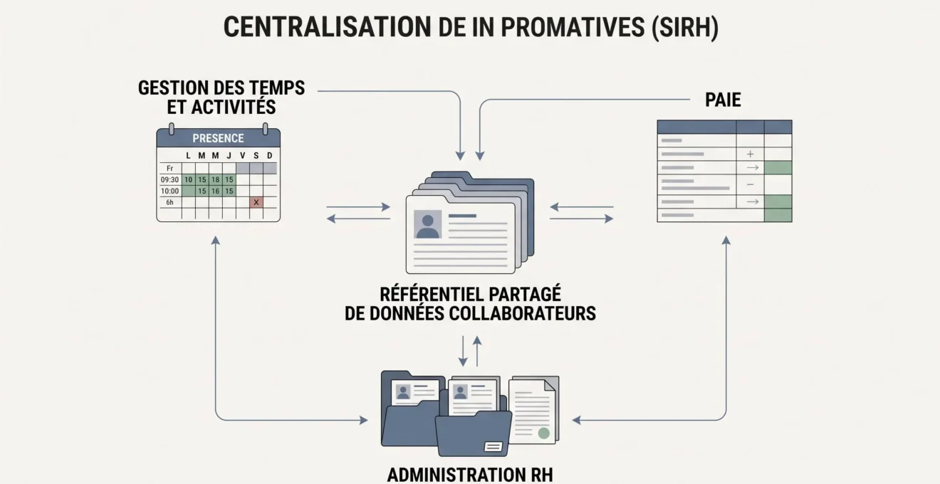 Schéma montrant trois fonctions RH, gestion des temps, paie et administration, reliées à un référentiel central de données collaborateurs