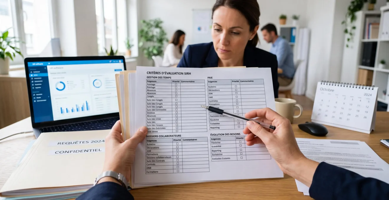 Professionnelle RH examinant une grille de critères pour choisir une plateforme SIRH, avec calendrier, dossiers et documents administratifs