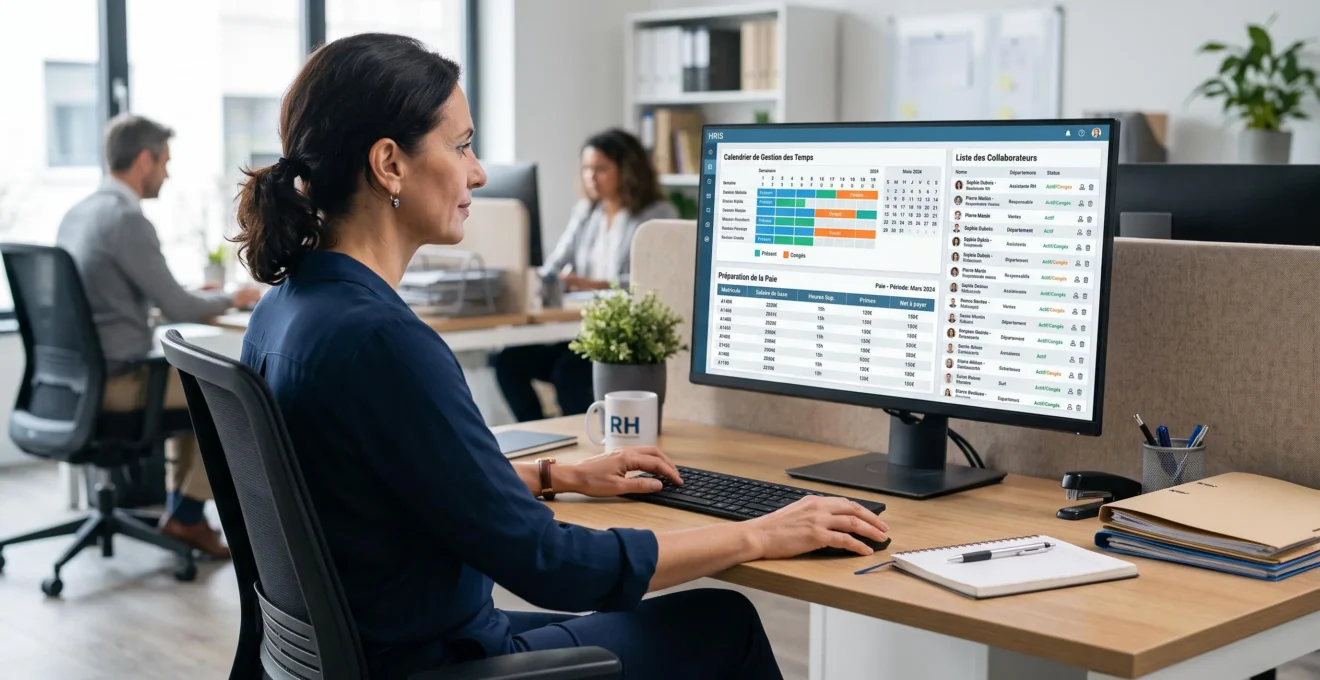 Responsable RH consultant un tableau de bord SIRH présentant la gestion des temps, la paie et les dossiers collaborateurs