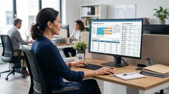 Responsable RH consultant un tableau de bord SIRH présentant la gestion des temps, la paie et les dossiers collaborateurs