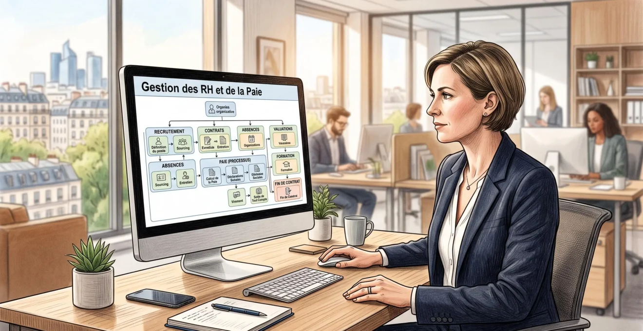 Responsable RH examinant des processus de paie et de gestion des salariés sur un écran générique